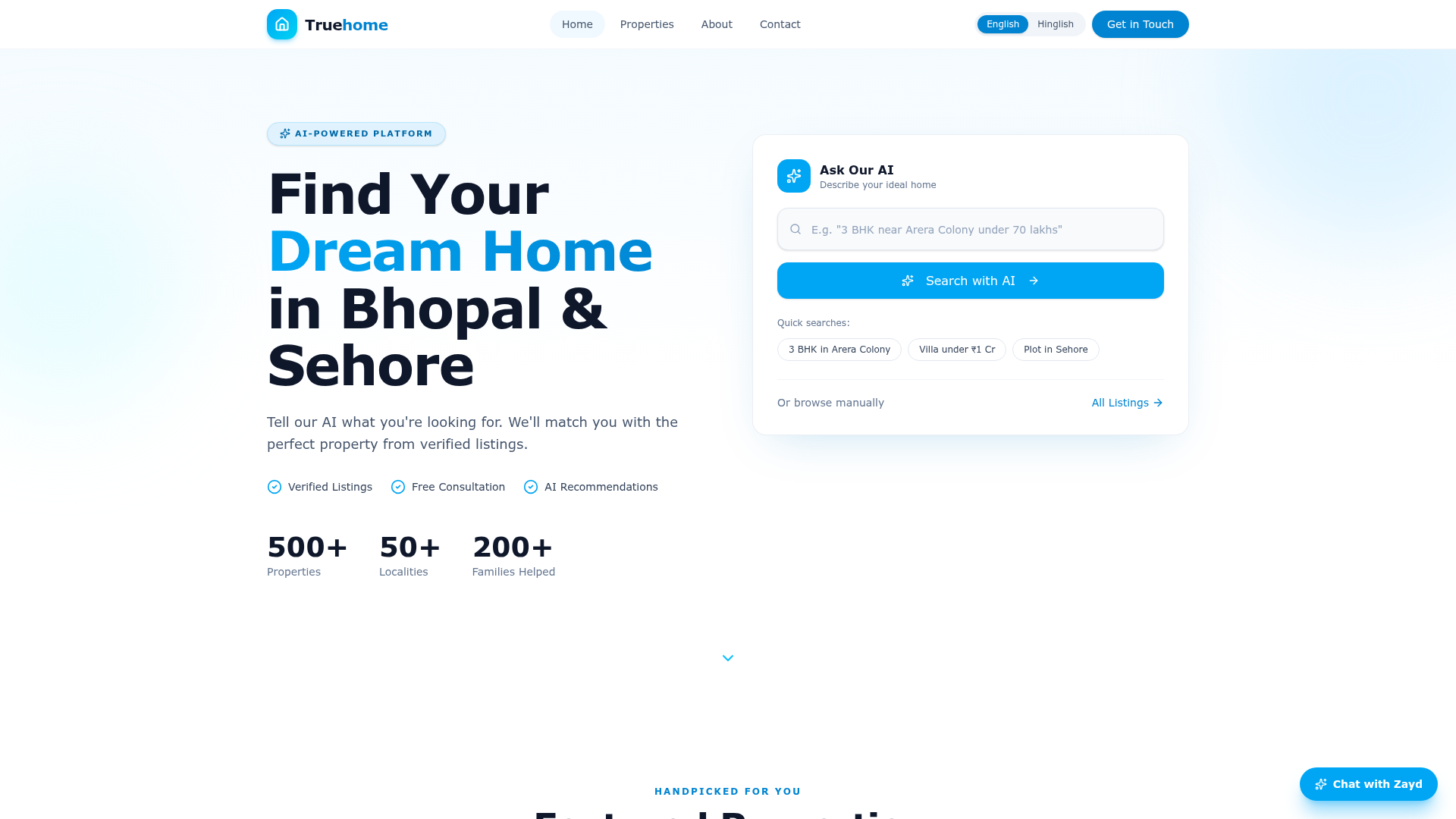 Truehome — AI property discovery for Bhopal & Sehore