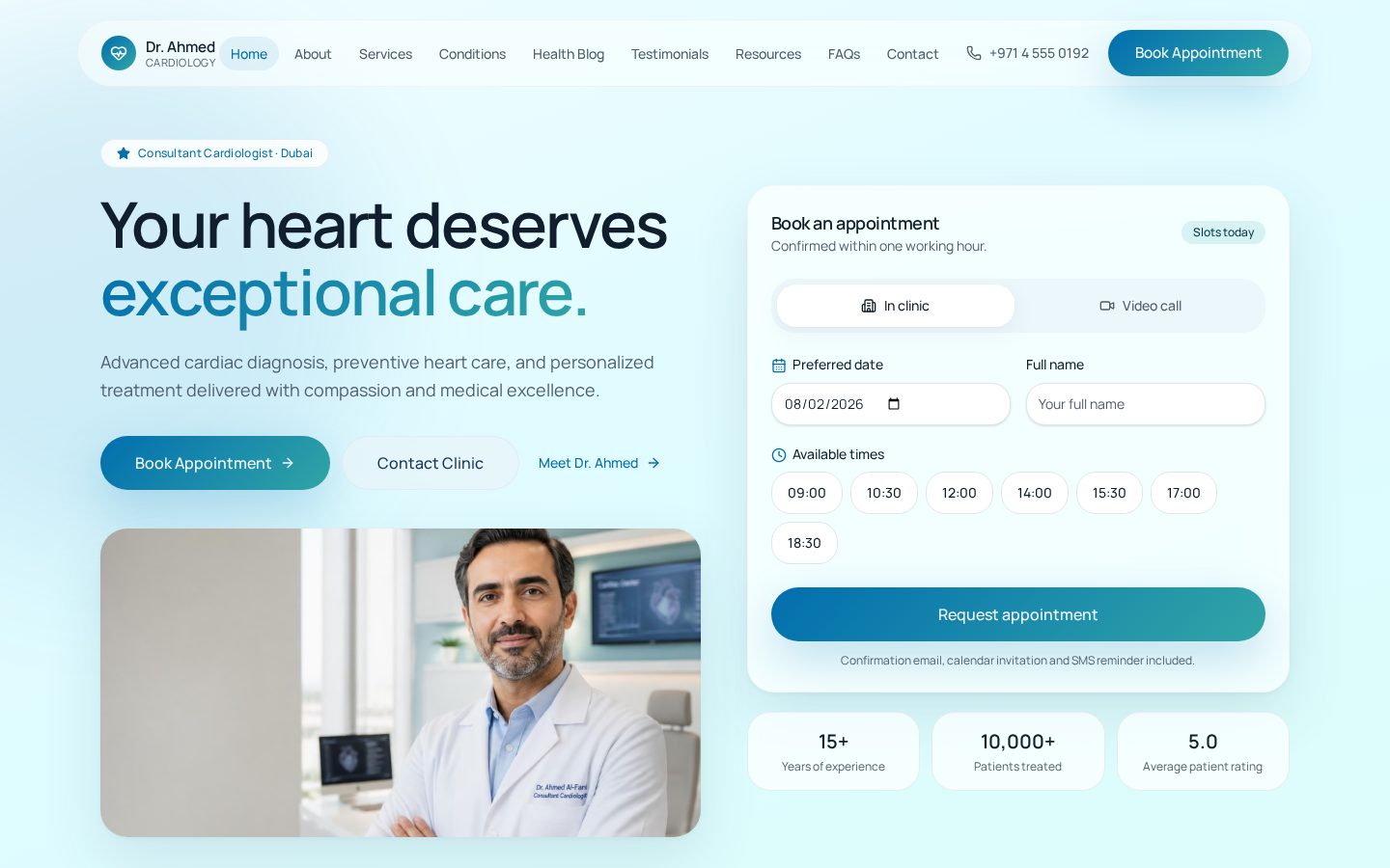 Dr. Ahmed — Cardiology — Consultant cardiologist clinic with online booking — website designed by Socialfelio