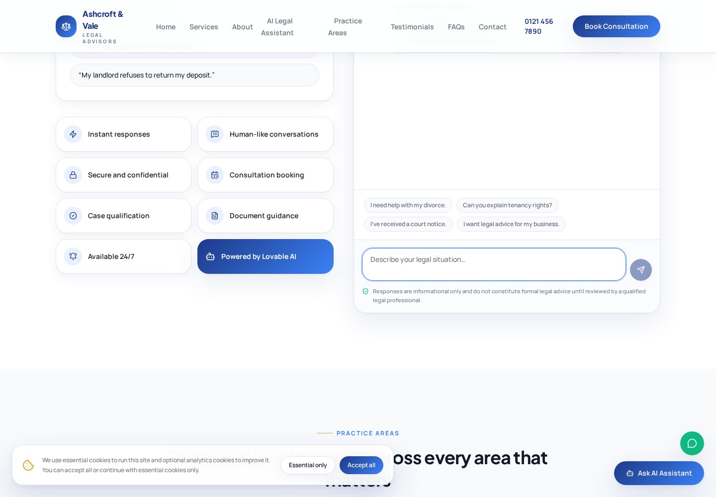 Ashcroft & Vale — Birmingham law firm with a 24/7 AI legal assistant — website designed by Socialfelio