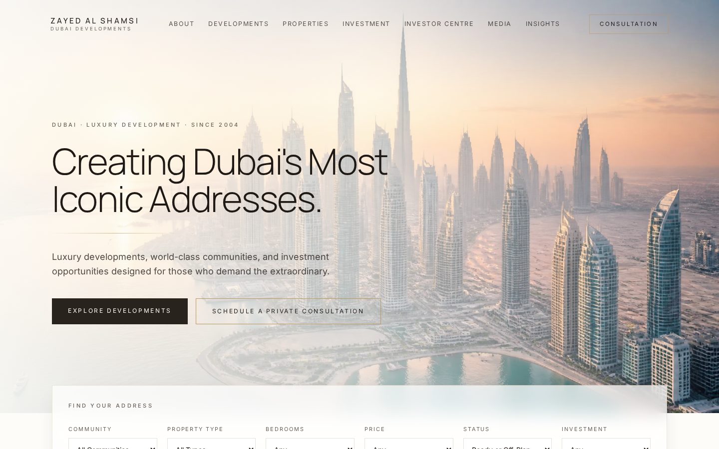 Zayed Al Shamsi — Developer brand site for landmark Dubai residences — website designed by Socialfelio